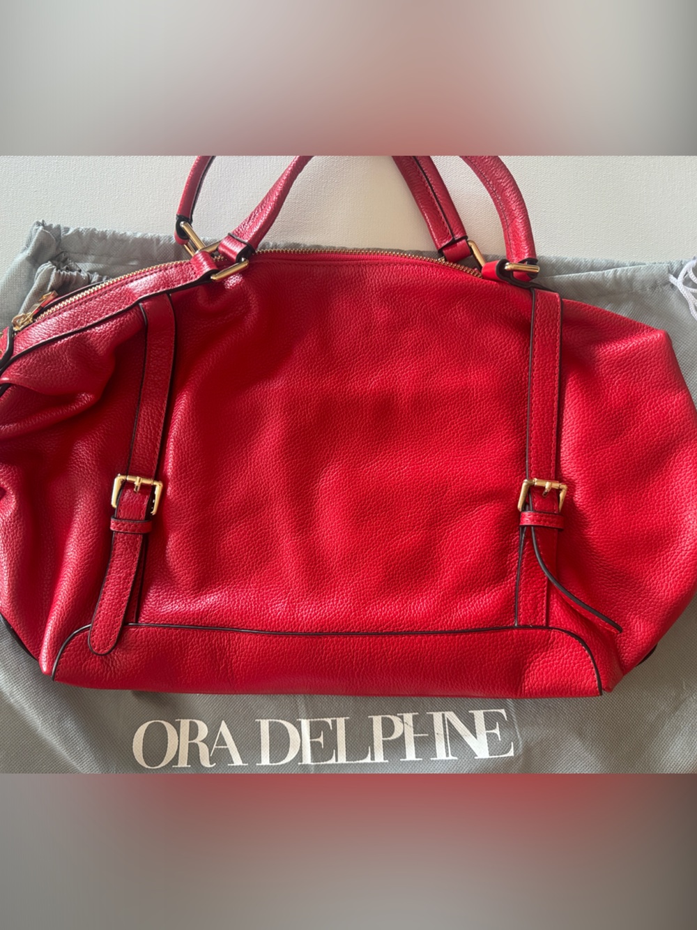 Ora Delphine Bright Red Pebbled Leather Tote with Gold Hardware
